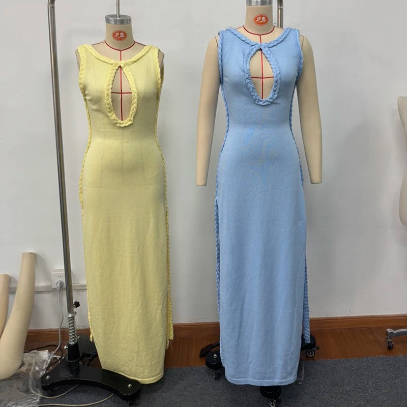 Women Elegant Maxi Dress Keyhole Neckline Braided Trim Sleeveless Backless High Slit Hem Solid Dresses 2026 Summer Fashion Gown