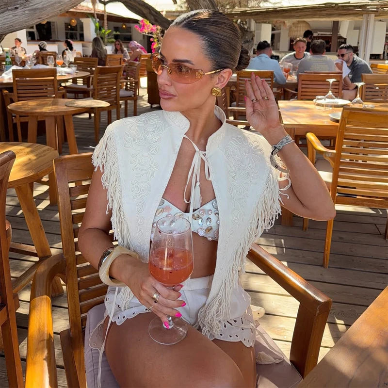 Chic Embroidery Tassel Shawl Women Casual Solid Stand Neck Sleeveless Irregular Short Top 2026 Female Vacation Daily Clothes New