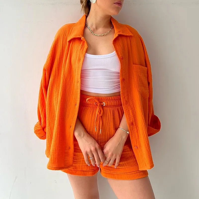 Women's Summer Shorts Set White Long Shirt High Waisted Pants Sets Casual Outfit Streetwear Suits For Women Female Clothing 2025