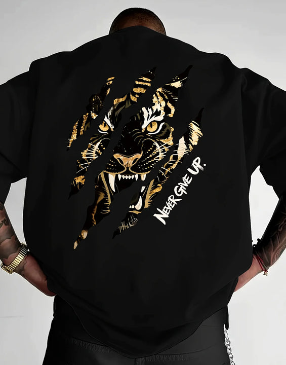 Tiger Claw Mark Never Give Up Print on Premium Soft 100% Cotton Mens T Shirt Perfect for Summer Streetwear and Bold Style