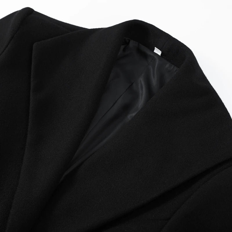 Elegant Women's Woolen Coat Black Single-Button Stand Collar Slim Lady Long Coats 2025 Autumn Winter Chic Female Streetwear New