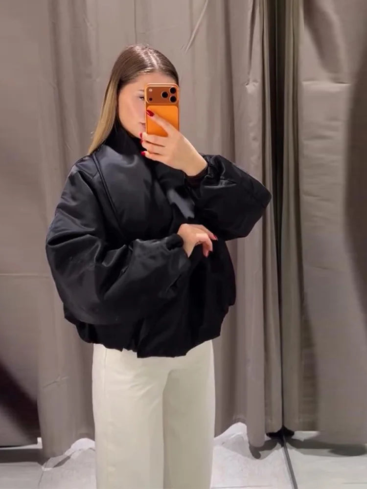 Vintage Women's Padded Bomber Jacket Loose Hidden Buckle Pockets Full Sleeve Stand Collar Black Coats 2026 Spring Autumn Outwear