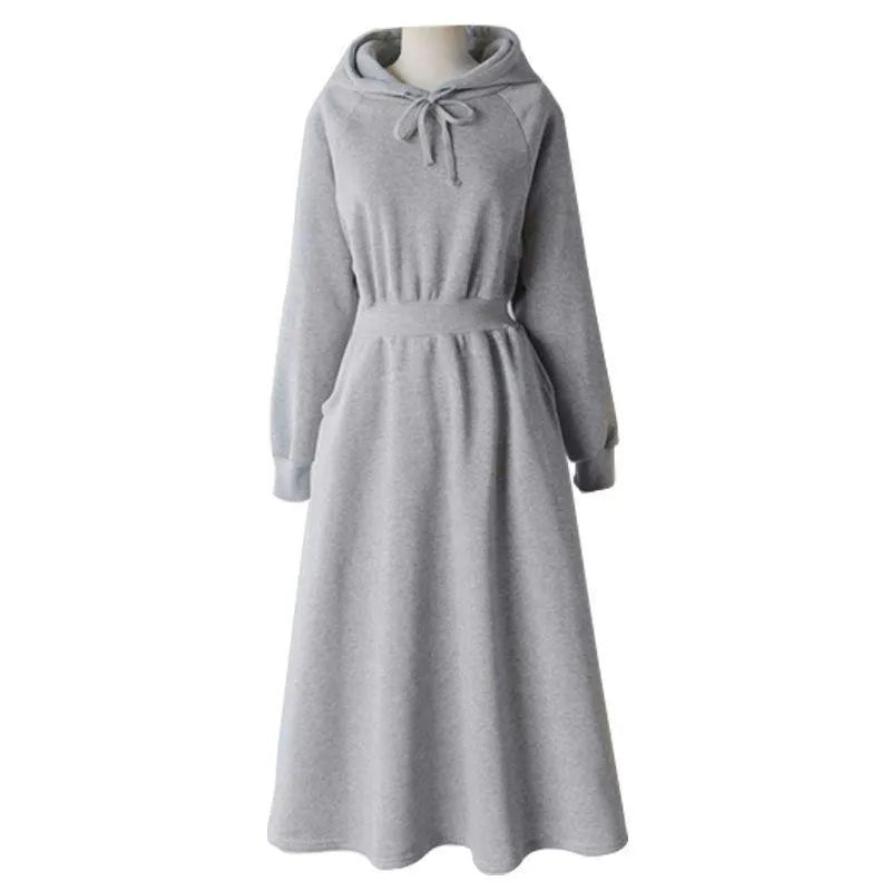 Autumn Winter Casual Women Hooded Cotton Long Dress Long Sleeved Pullover Solid Hoodie Shirring A-Line Floor-Length Rib Dresses