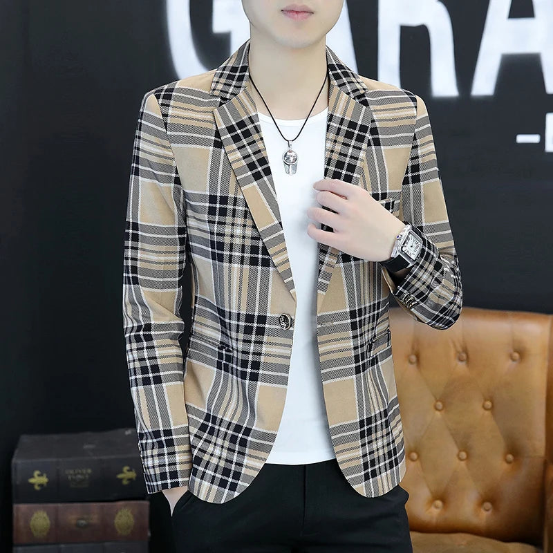 Spring Autumn 2024 Casual Checkered Slim Fit Men's Suit Jacket Korean Style Fashion Handsome Young Men's Clothing