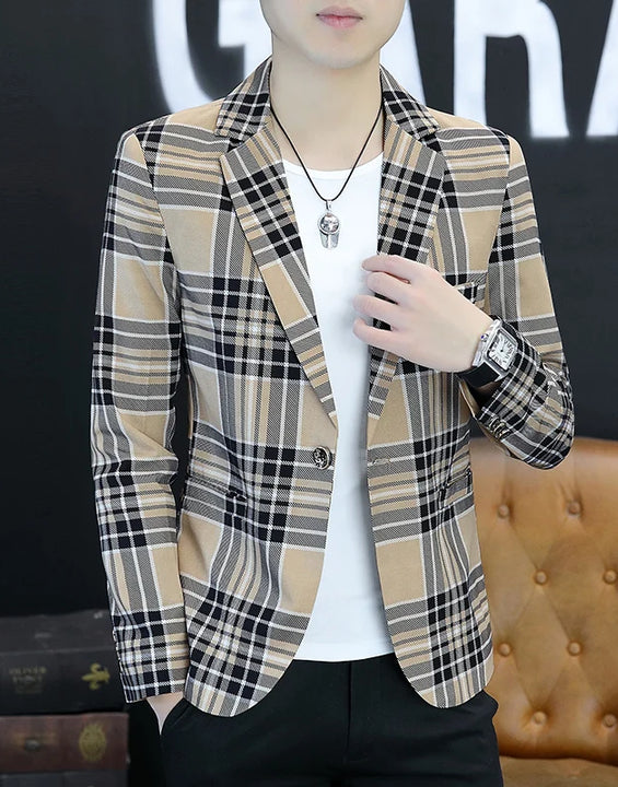 Spring Autumn 2024 Casual Checkered Slim Fit Men's Suit Jacket Korean Style Fashion Handsome Young Men's Clothing