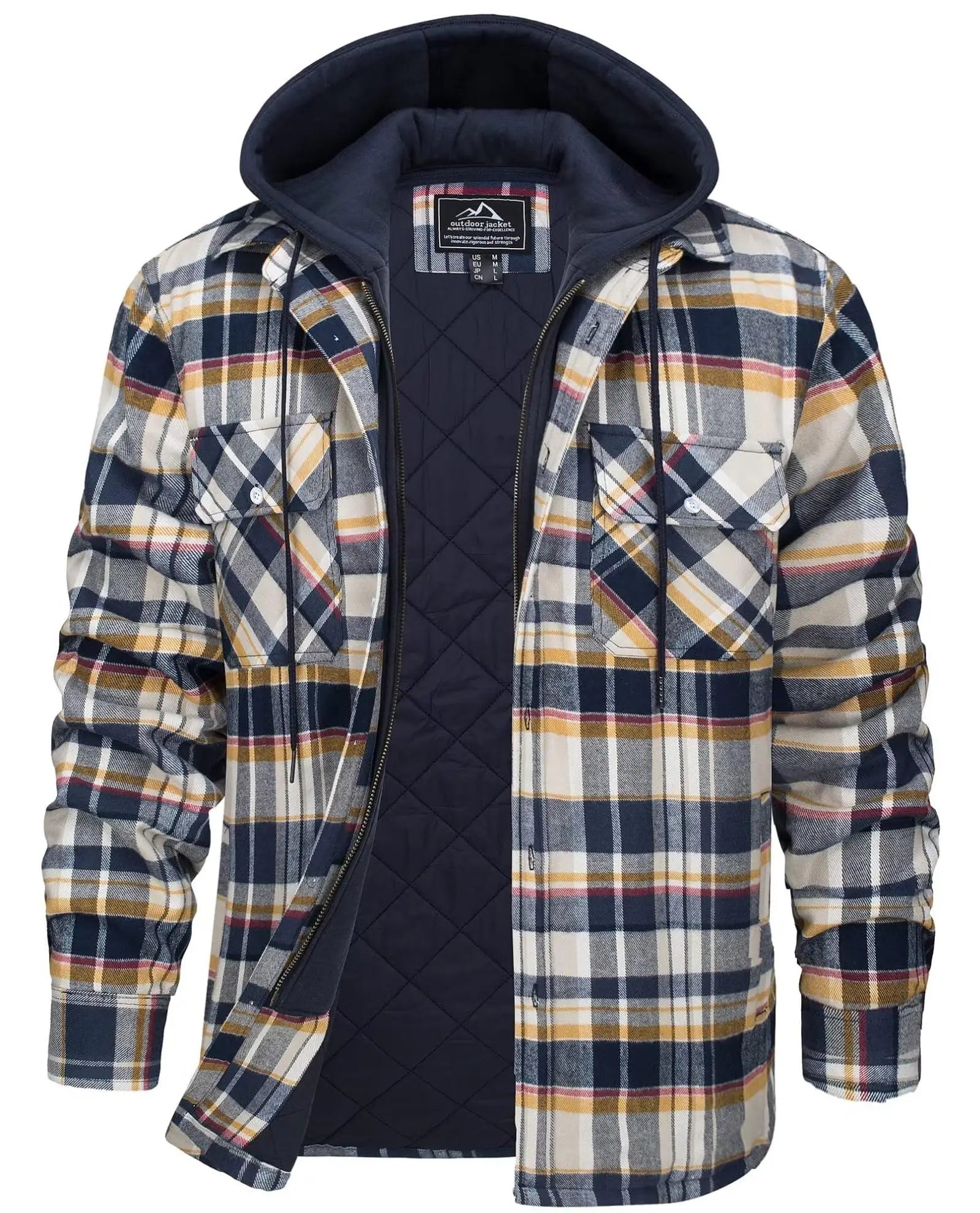 TACVASEN Men's Flannel Shirt Jacket with Removable Hood Plaid Quilted Lined Winter Coats Thick Hoodie Outwear Man Fleece Shirts