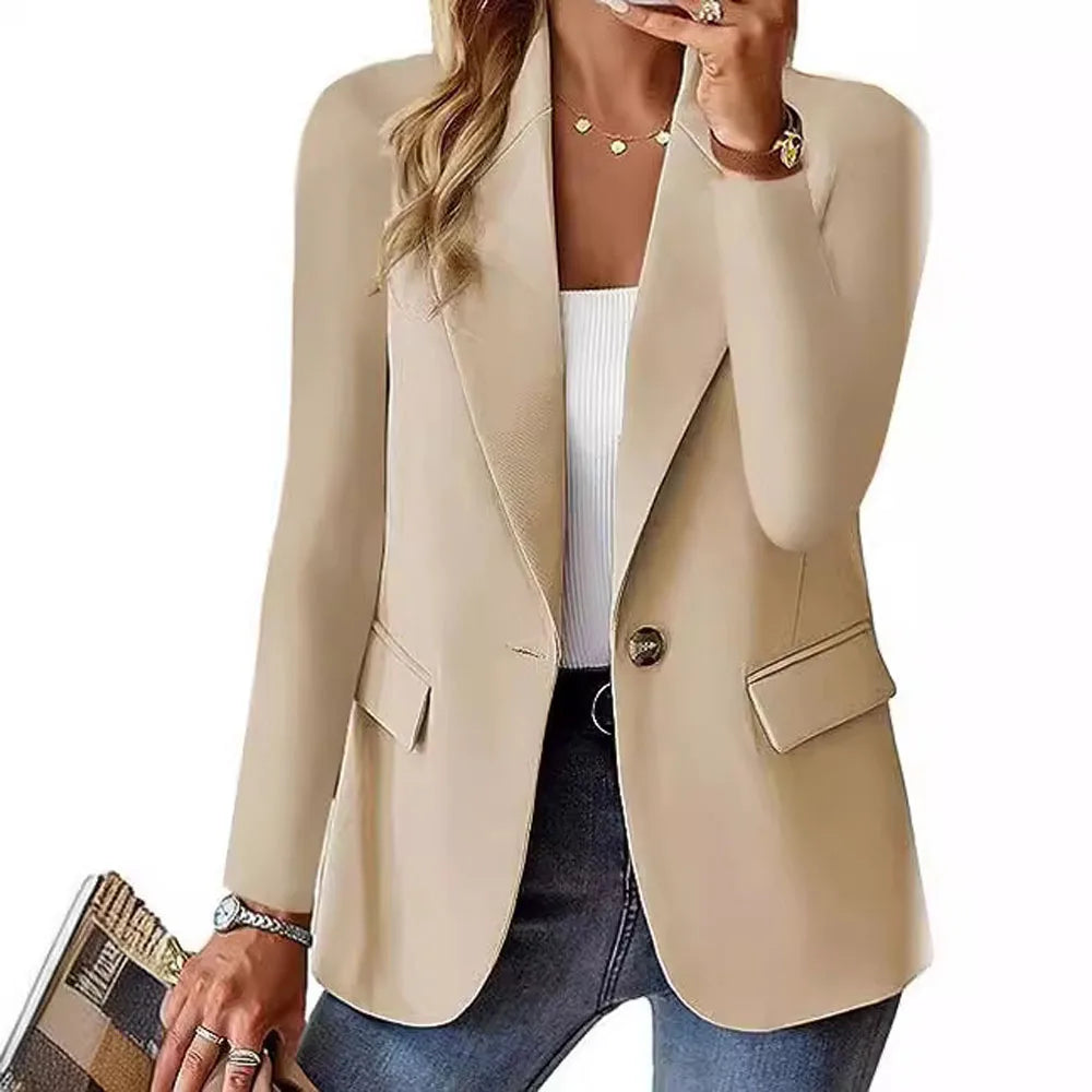 Women OL Blazer Spring Autumn Female One Button Long Sleeve Solid Slim Workwear Business Blazer Coats OUFY-3008
