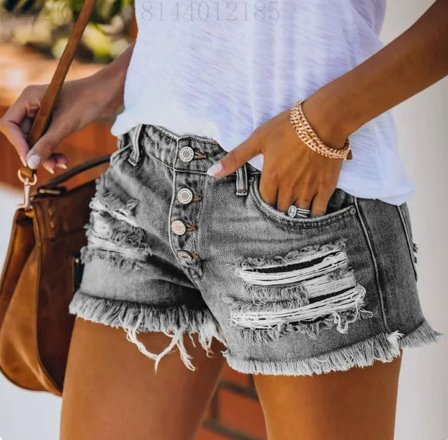 Ripped Vintage Denim Women Jeans Shorts Washed Tassel Button High Waist Holes Spliced Summer Pockets Distressed 2025 Basics