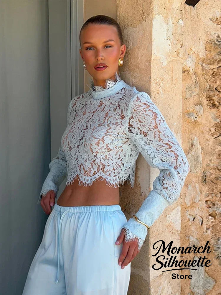 Lace Top Pants 2 Piece Set Women Chic Solid Half High Collar Cropped Back Split Long Pant Suit 2026 Lady Daily Street Outfit New