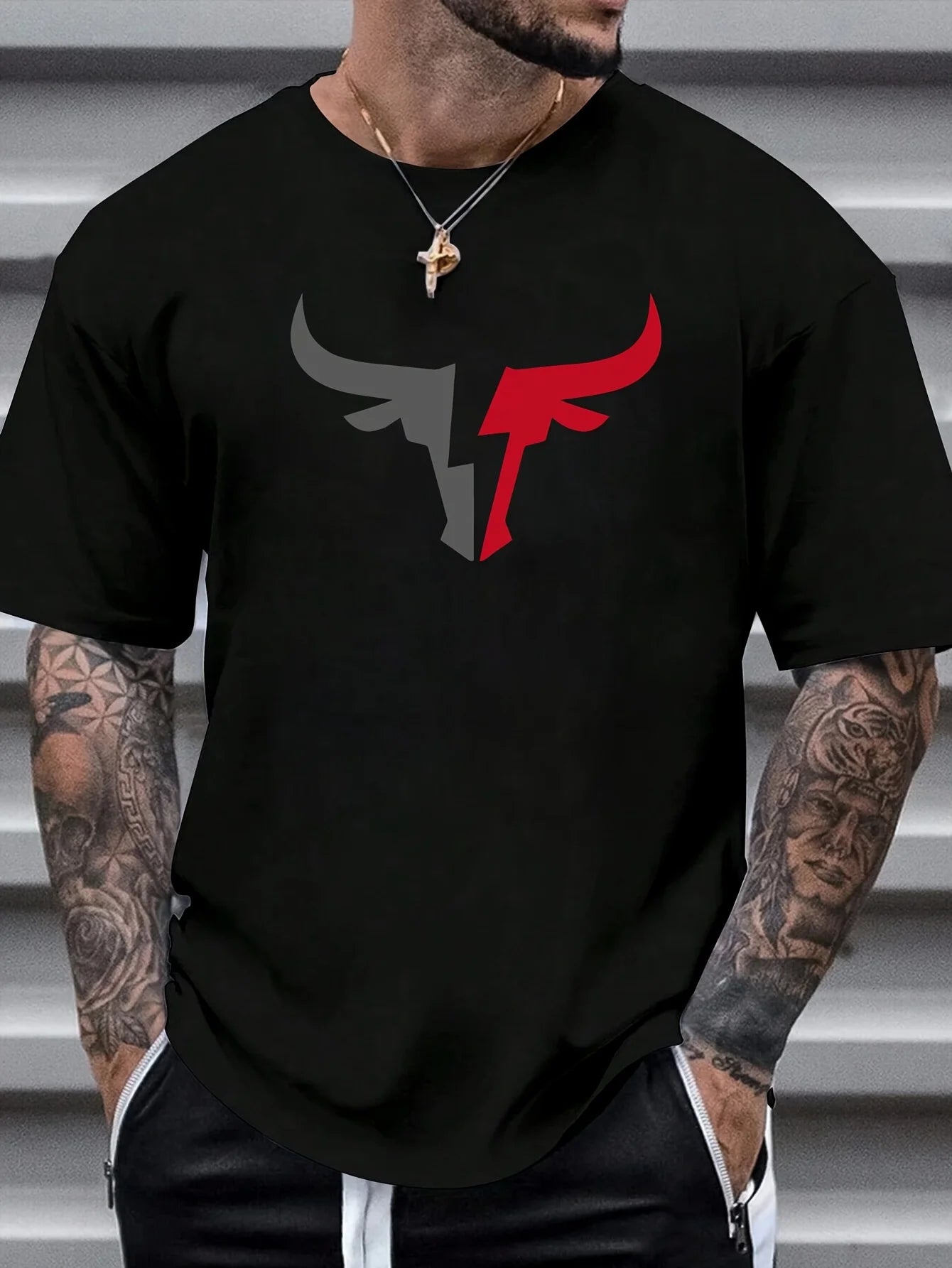 Summer men's 100% cotton comfortable casual loose fit plus size bull pattern print sports round neck short sleeved T-shirt top