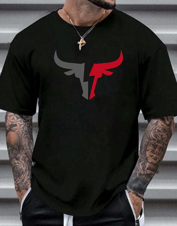 Summer men's 100% cotton comfortable casual loose fit plus size bull pattern print sports round neck short sleeved T-shirt top