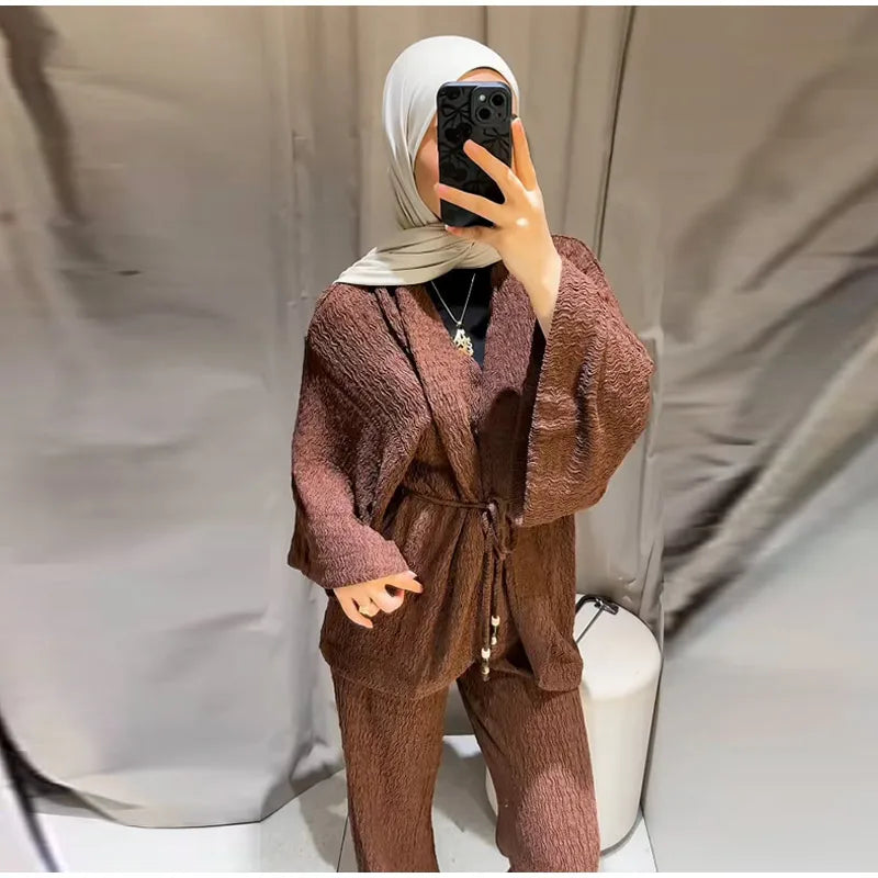 Tie Front Textured Women Set V-Neck Loose Set Wide Sleeve Drawstring Pants Casual Lounge Solid Color 2 Piece Outfits For Daily