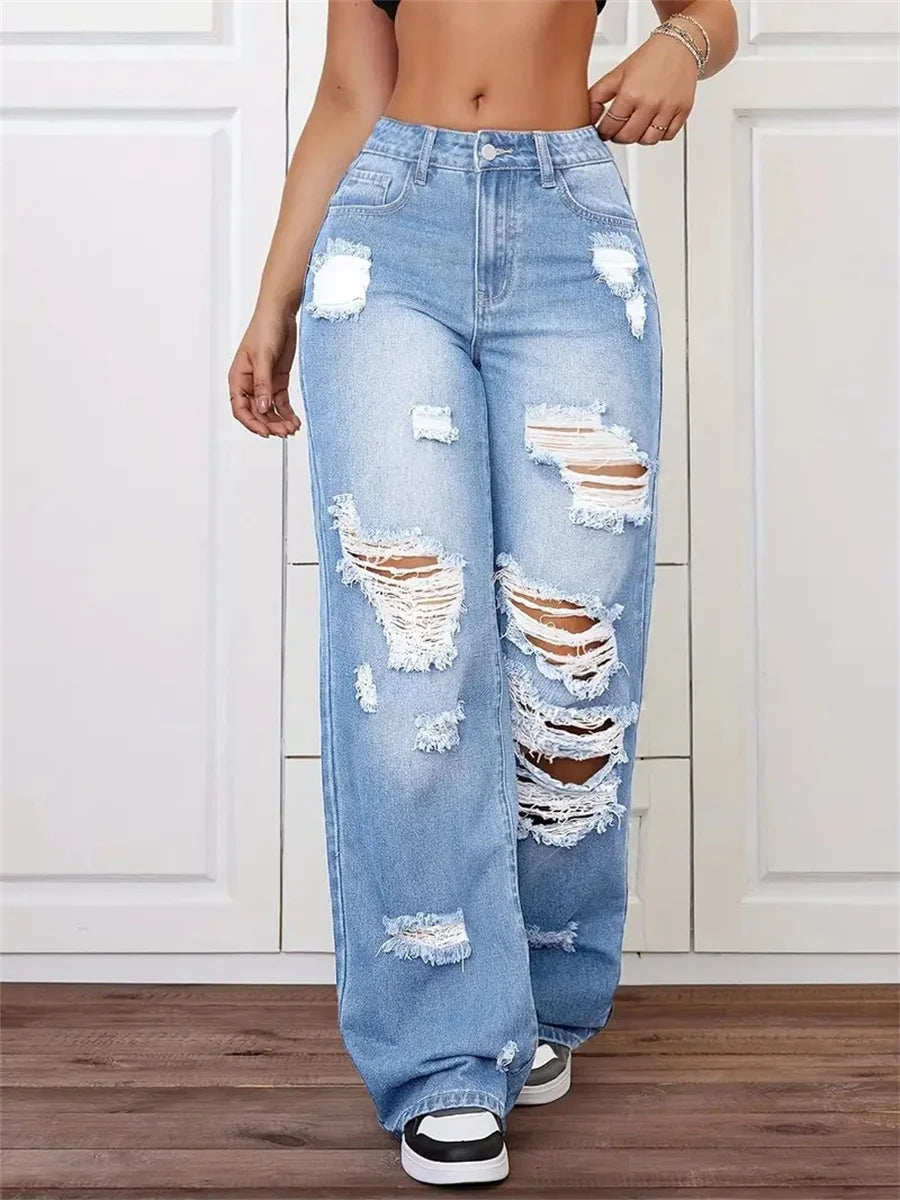 Benuynffy High Waisted Baggy Ripped Jeans Women's Streetwear Bf Style Washed All Match Straight Leg Denim Trousers Woman New