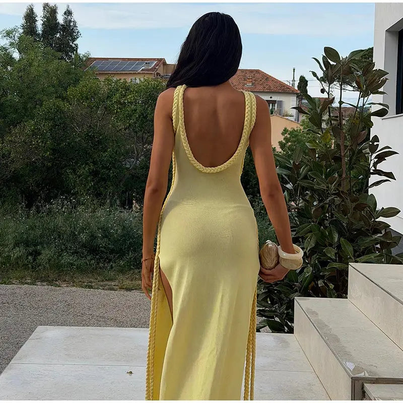 Women Elegant Maxi Dress Keyhole Neckline Braided Trim Sleeveless Backless High Slit Hem Solid Dresses 2026 Summer Fashion Gown