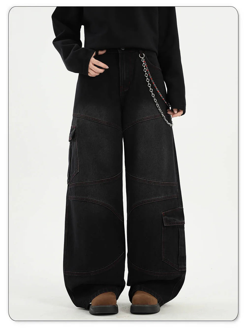 American Street Retro Bright Thread Deconstruction Loose Wide Leg Jeans Unisex  Baggy Men's Clothes Multi Pocket Workwear Jeans