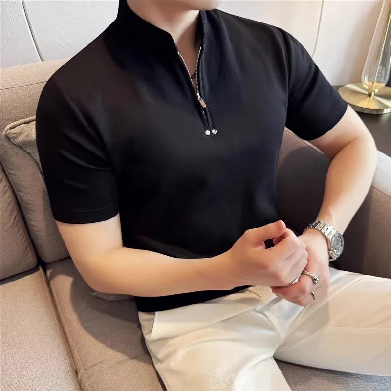 Summer Men's Stand Collar T-Shirts Fashion Half Zipper Pullover Tees Tops Men Solid Color Short Sleeve Slim Fit Casual  Tshirt