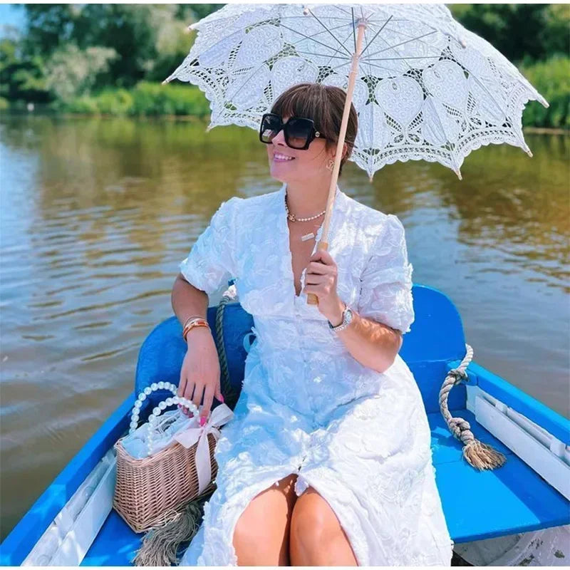 Elegant White Party Long Dress Women's Luxury V-neck Printed Single Breasted Split Evening Robe 2024 New Chic Street Dresses