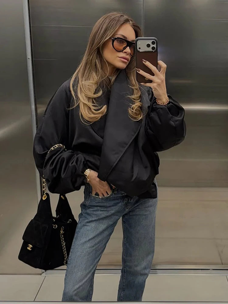 Vintage Women's Padded Bomber Jacket Loose Hidden Buckle Pockets Full Sleeve Stand Collar Black Coats 2026 Spring Autumn Outwear