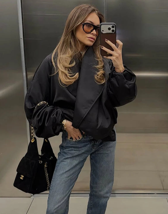 Vintage Women's Padded Bomber Jacket Loose Hidden Buckle Pockets Full Sleeve Stand Collar Black Coats 2026 Spring Autumn Outwear