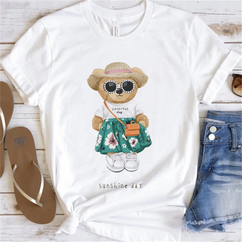 Fashion Graphic T-shirt Women Cute Bear Short-sleeved Clothes Women Print T-shirt Summer 90's Fashion Style Women T-shirt