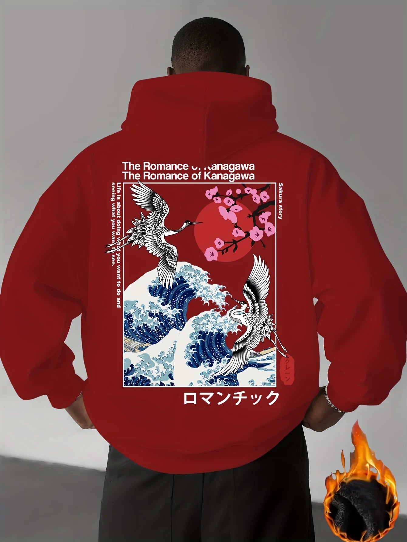 Japan Ukiyoe Sakura&Big Wave Kanagawa Print Men Women Hooded Sweatshirt Autumn Winter Daily Fitness Casual Loose Warm Sportswear