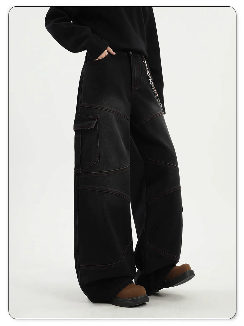 American Street Retro Bright Thread Deconstruction Loose Wide Leg Jeans Unisex  Baggy Men's Clothes Multi Pocket Workwear Jeans