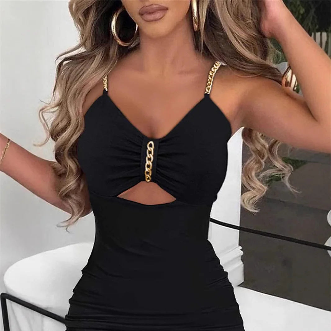 Slip Dress Women Sexy Sundress Split Chain Hollow Out V Neck Sleeveless Maxi Gown Bodycon Vestidos Party Sheath Dresses 2025