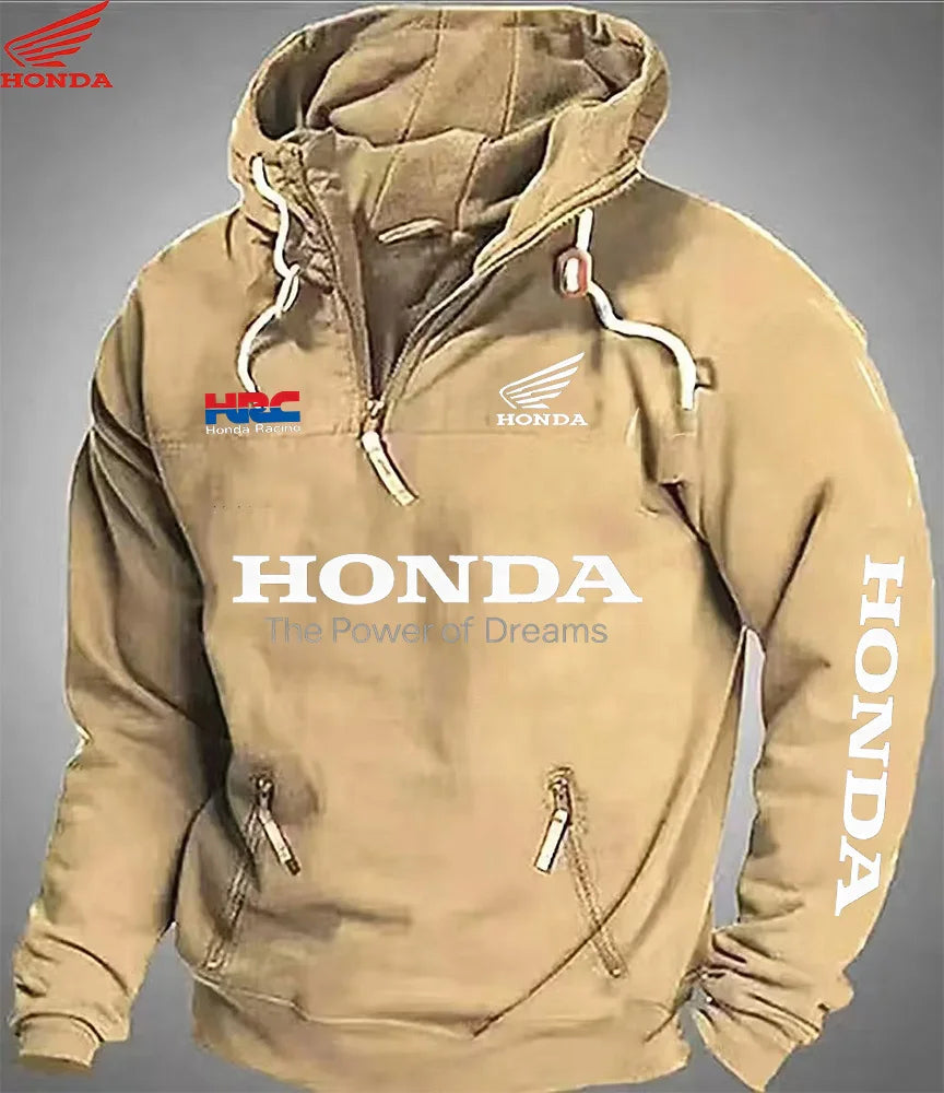 Men's Honda Motorcycle Hoodie with European Sporty Style Zipper Sleeve Pocket Loose Casual Sweater with Shoulders Hoodie