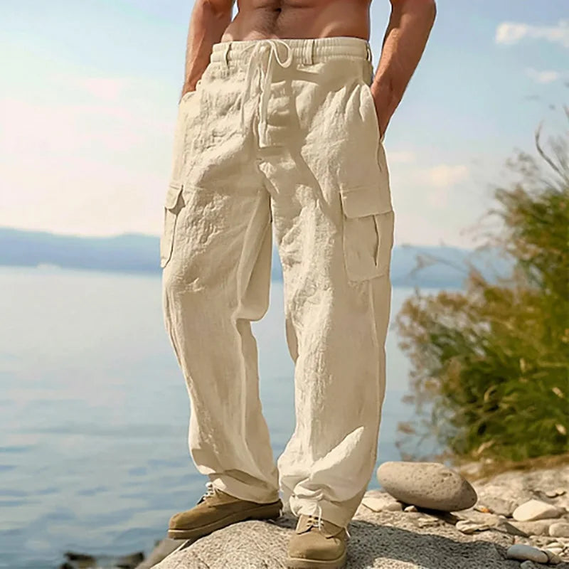Summer Men'S Cotton And Linen Pants Multiple Pockets Breathable Loose Drawstring Straight Leg Pants Sports And Casual Pants