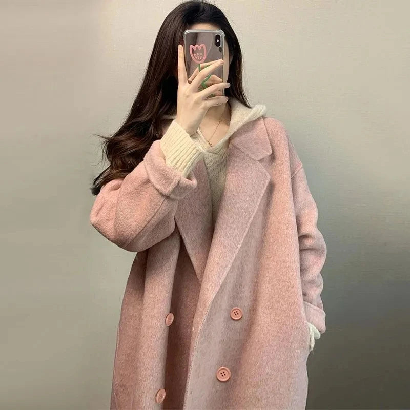 100% Wool Coat Lapel Overcoat Women Wool Blend Double Breasted Long Sleeve Shoulder Pad Coat 2024 Autumn Female Outwear