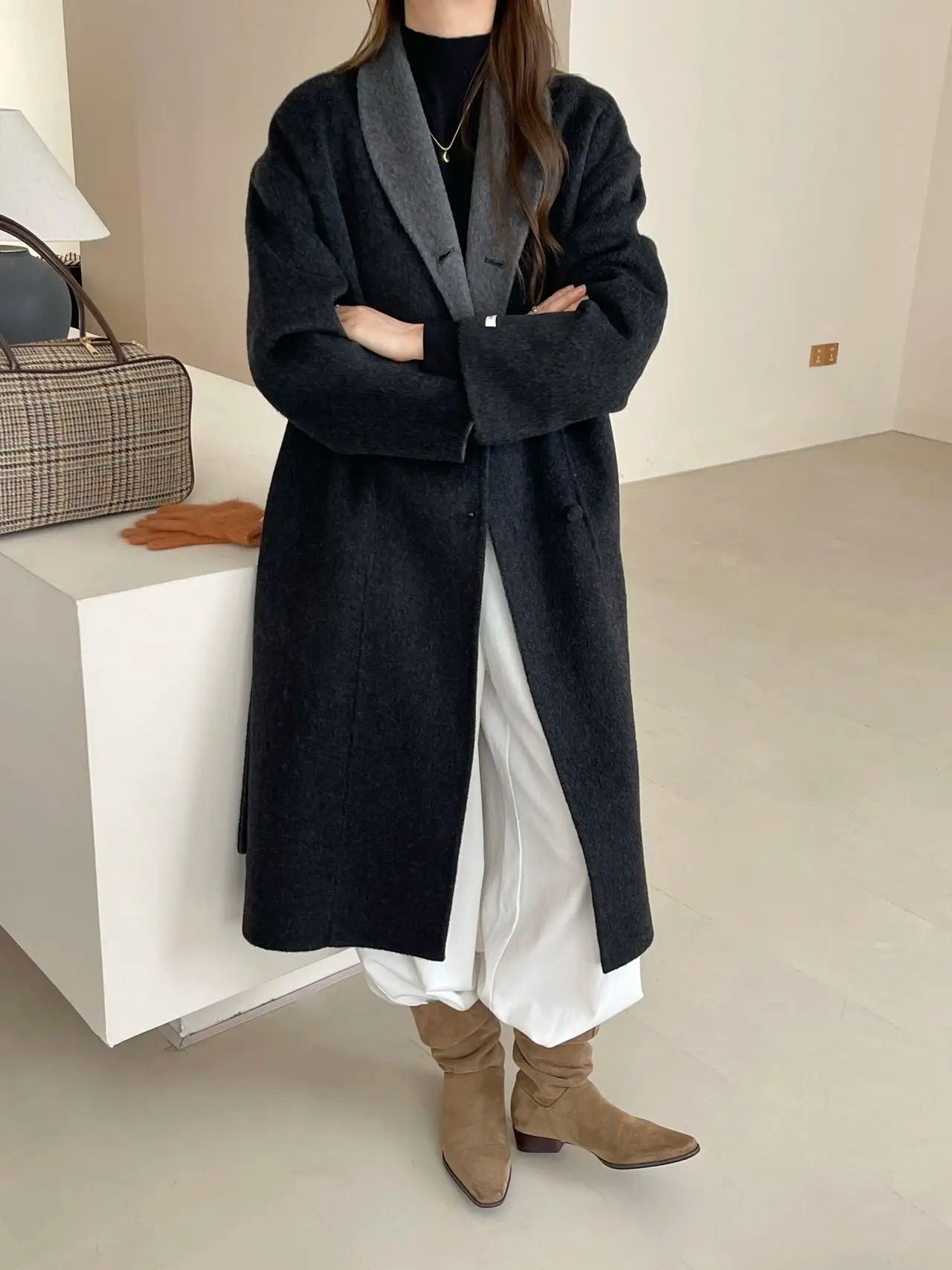 Women Autumn Gentle Elegant Temperament All-match Leisure Solid Long Korean Style Loose Temperament Loose Woolen Coat Female