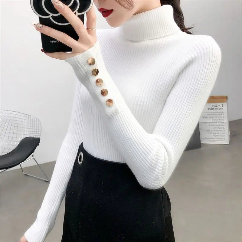 2026 Knitted Turtleneck Women Sweater Button Long Sleeve Pullovers Autumn Winter Basic Femme Sweaters Slim Solid Pull Tops
