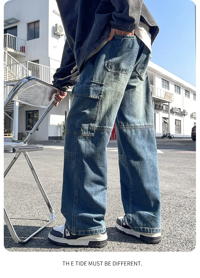 2025 new men's cement grey work jeans Y2K street hip-hop large pocket wide-leg straight jeans trousers jogging black light blue
