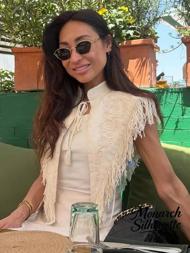 Chic Embroidery Tassel Shawl Women Casual Solid Stand Neck Sleeveless Irregular Short Top 2026 Female Vacation Daily Clothes New