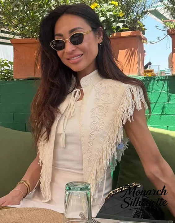 Chic Embroidery Tassel Shawl Women Casual Solid Stand Neck Sleeveless Irregular Short Top 2026 Female Vacation Daily Clothes New