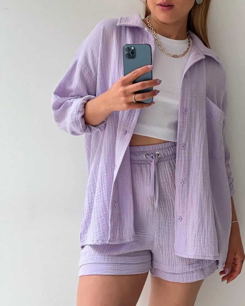 Women's Summer Shorts Set White Long Shirt High Waisted Pants Sets Casual Outfit Streetwear Suits For Women Female Clothing 2025