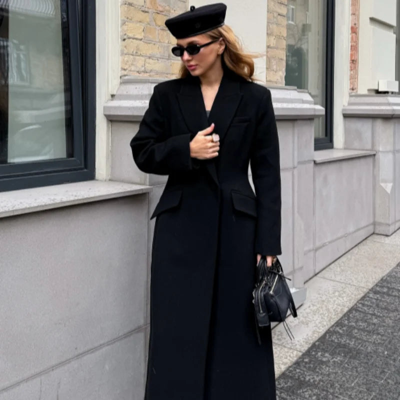 Elegant Women's Woolen Coat Black Single-Button Stand Collar Slim Lady Long Coats 2025 Autumn Winter Chic Female Streetwear New