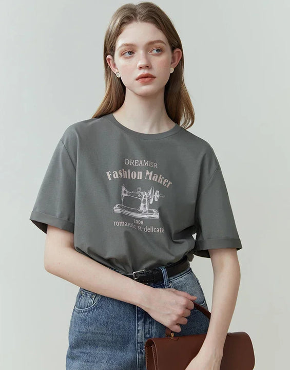 FSLE Women Cotton T-shirt Simple Print Design Dropped Shoulder Round Neck Women Solid Tees 2023 Spring Commuter Casual Tops