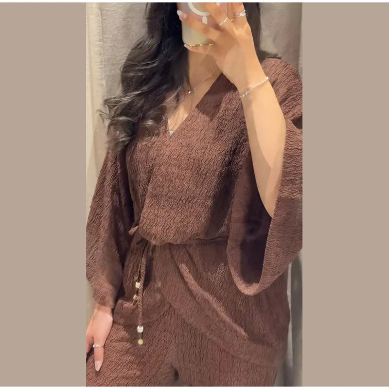 Tie Front Textured Women Set V-Neck Loose Set Wide Sleeve Drawstring Pants Casual Lounge Solid Color 2 Piece Outfits For Daily