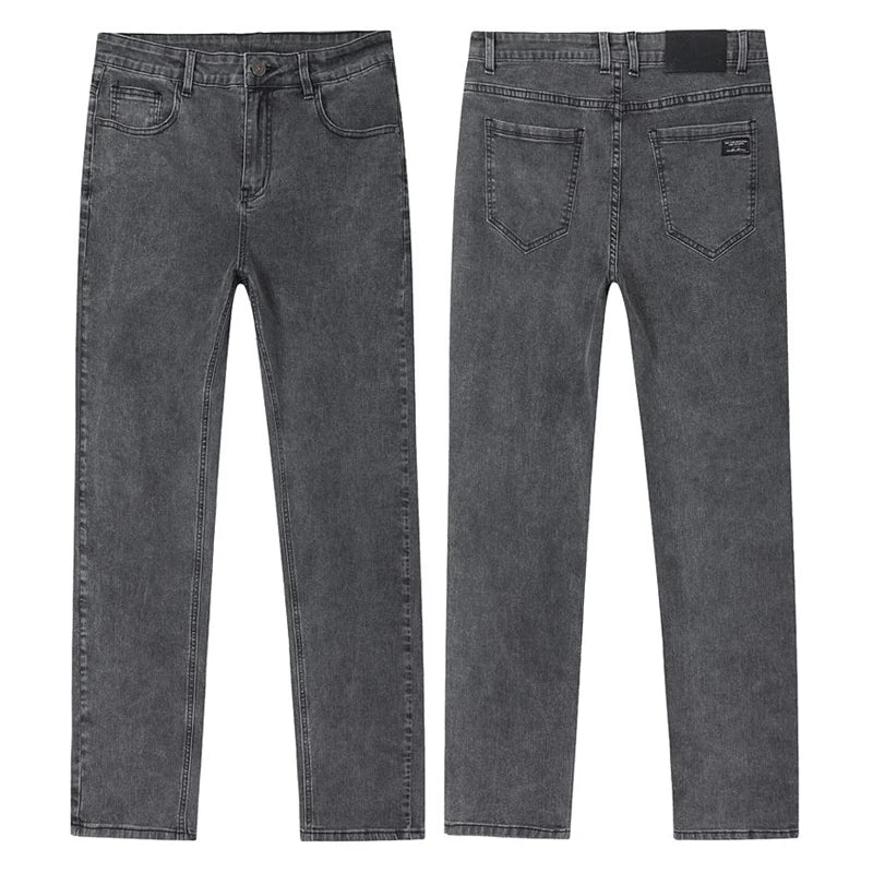 Spring New Men's Slim Fit Elastic Jeans Fashion Gray Comfortable Casual Denim Pants Korean Business Work Straight Black Trousers