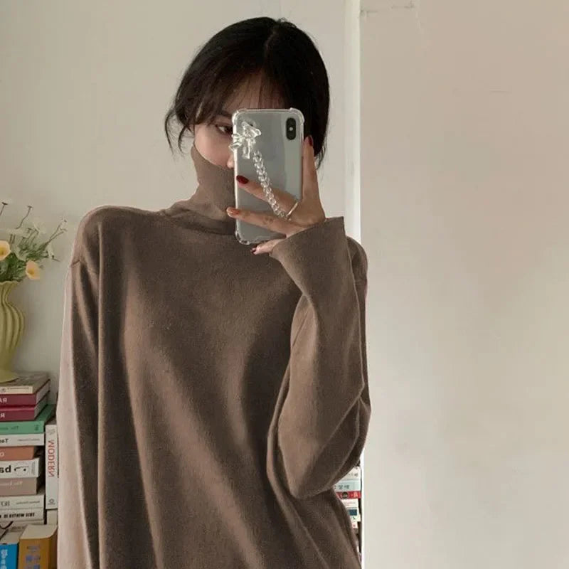 Smvp Fall Winter Turtleneck Long Dress Women Basic Solid Casual Loose Long Sleeve Dresses Female Streetwear Side Split Dress
