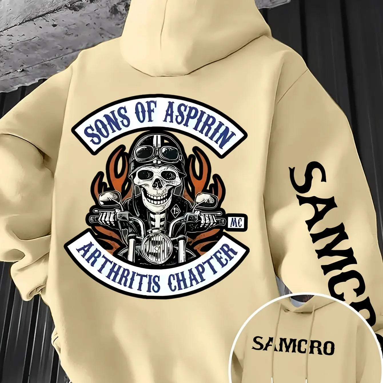 Men's Gothic Patterned Hooded Sweatshirt with Skull and Motorcycle Pattern on The Back Pullover Hoodie for Autumn and Winter