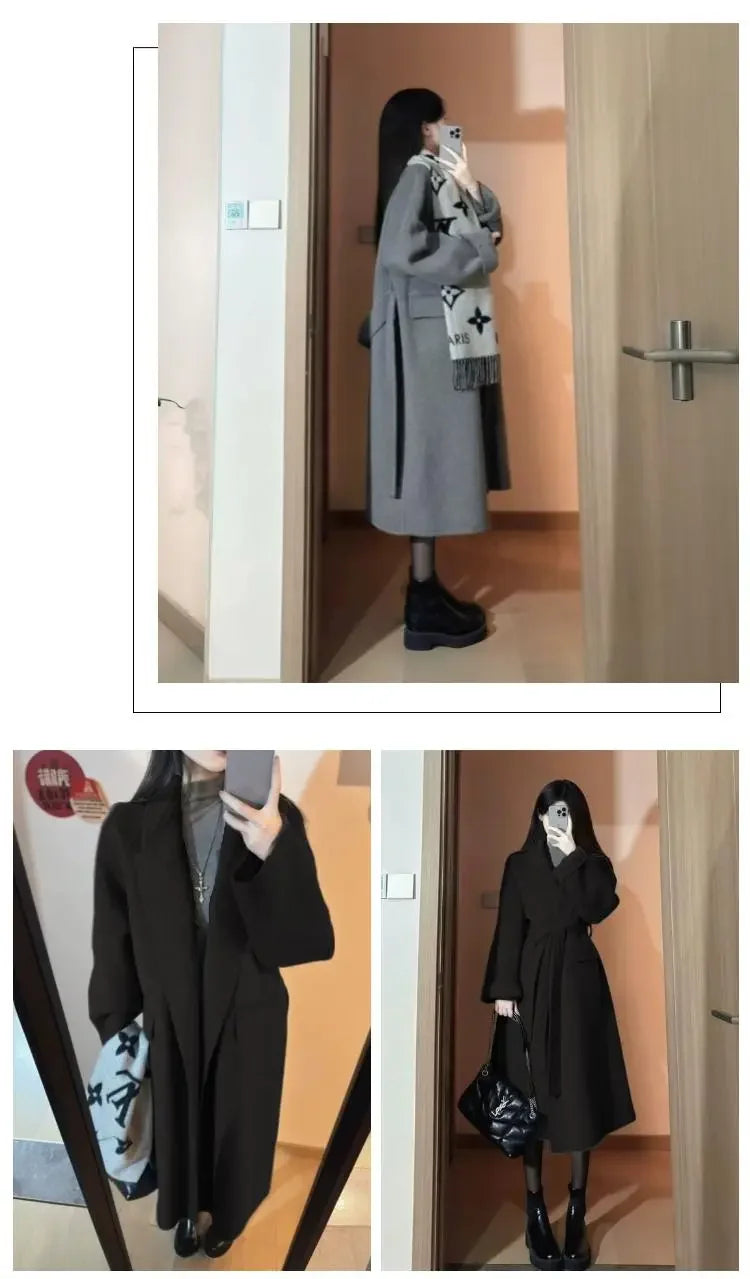 High-end Gray Women Thick Double-sided Wool Cashmere Coat New Loose Lapel Long Sleeve Woolen Coats Female Overcoat Winter