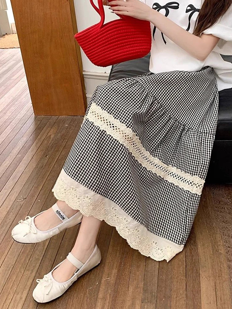 Jmprs Lace Patchwork Plaid Long Skirts Women High Waist Vintage Sweet Skirt Korean Casual Preppy Style Elegant A Line Skirts