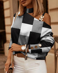 Women Tops Long Sleeve Skew Collar Tees Print T Shirts Pullover High Street Tee Autumn Loose Fit 2025 Casual Buttons Chain