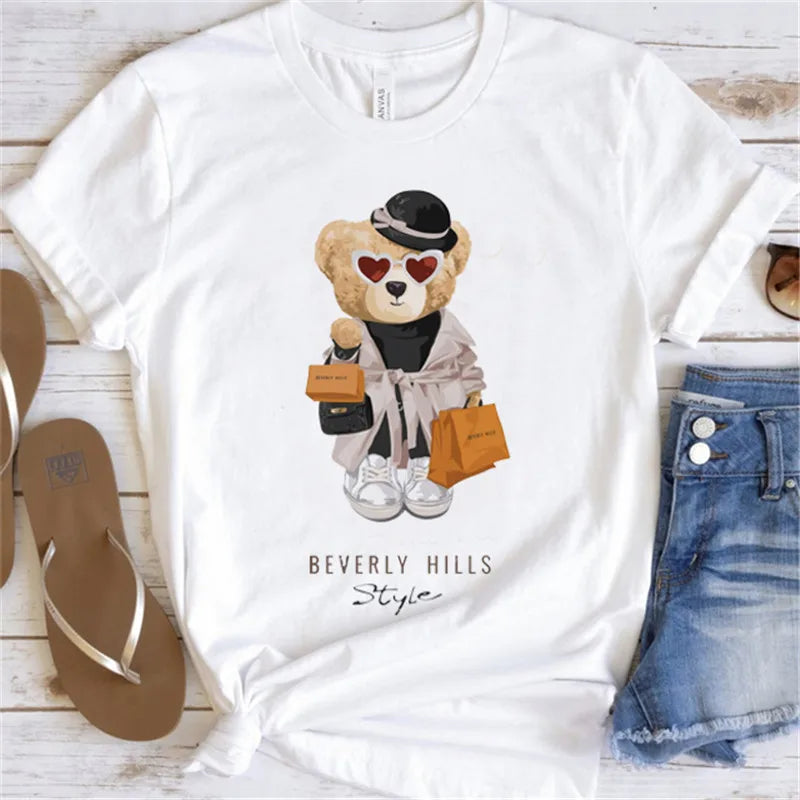 Fashion Graphic T-shirt Women Cute Bear Short-sleeved Clothes Women Print T-shirt Summer 90's Fashion Style Women T-shirt