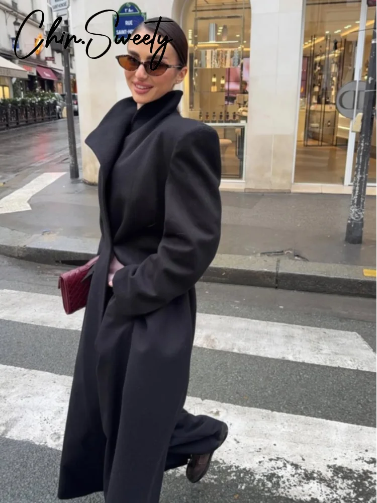 Elegant Women's Woolen Coat Black Single-Button Stand Collar Slim Lady Long Coats 2025 Autumn Winter Chic Female Streetwear New