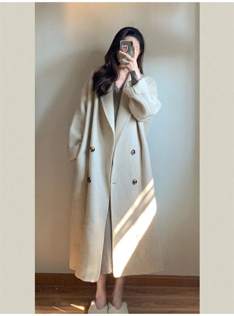 100% Wool Coat Lapel Overcoat Women Wool Blend Double Breasted Long Sleeve Shoulder Pad Coat 2024 Autumn Female Outwear