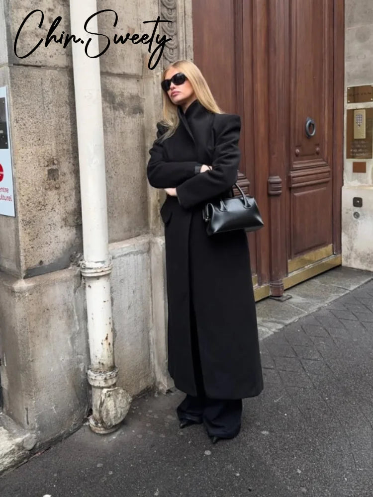 Elegant Women's Woolen Coat Black Single-Button Stand Collar Slim Lady Long Coats 2025 Autumn Winter Chic Female Streetwear New