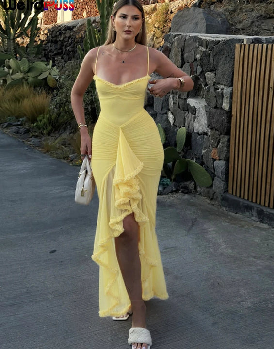 Weird Puss Ruffles Bandage Dress Women Sexy Backless Sleeveless Tassel Lace-Neck See Through Slits Hem Prom Party Long Bodycon